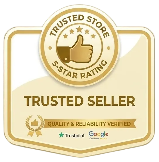 Trustworthy seller badge with a 5-star rating on a beige background