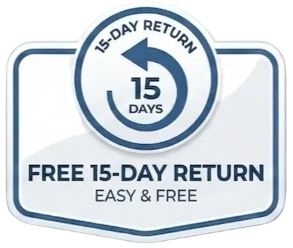 Free 15-day return policy badge on a white background