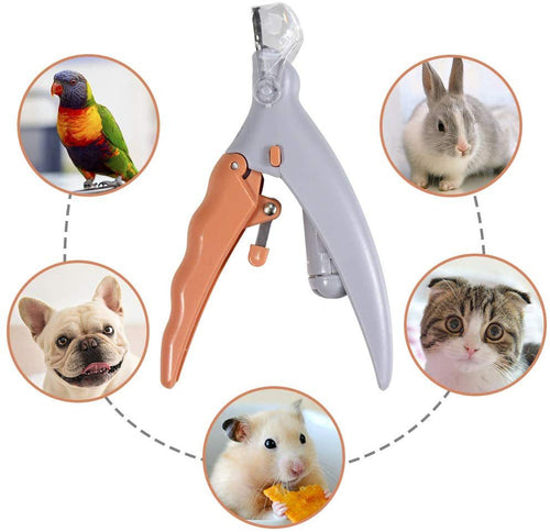 Pet nail clipper with images of various pets around it on a white background